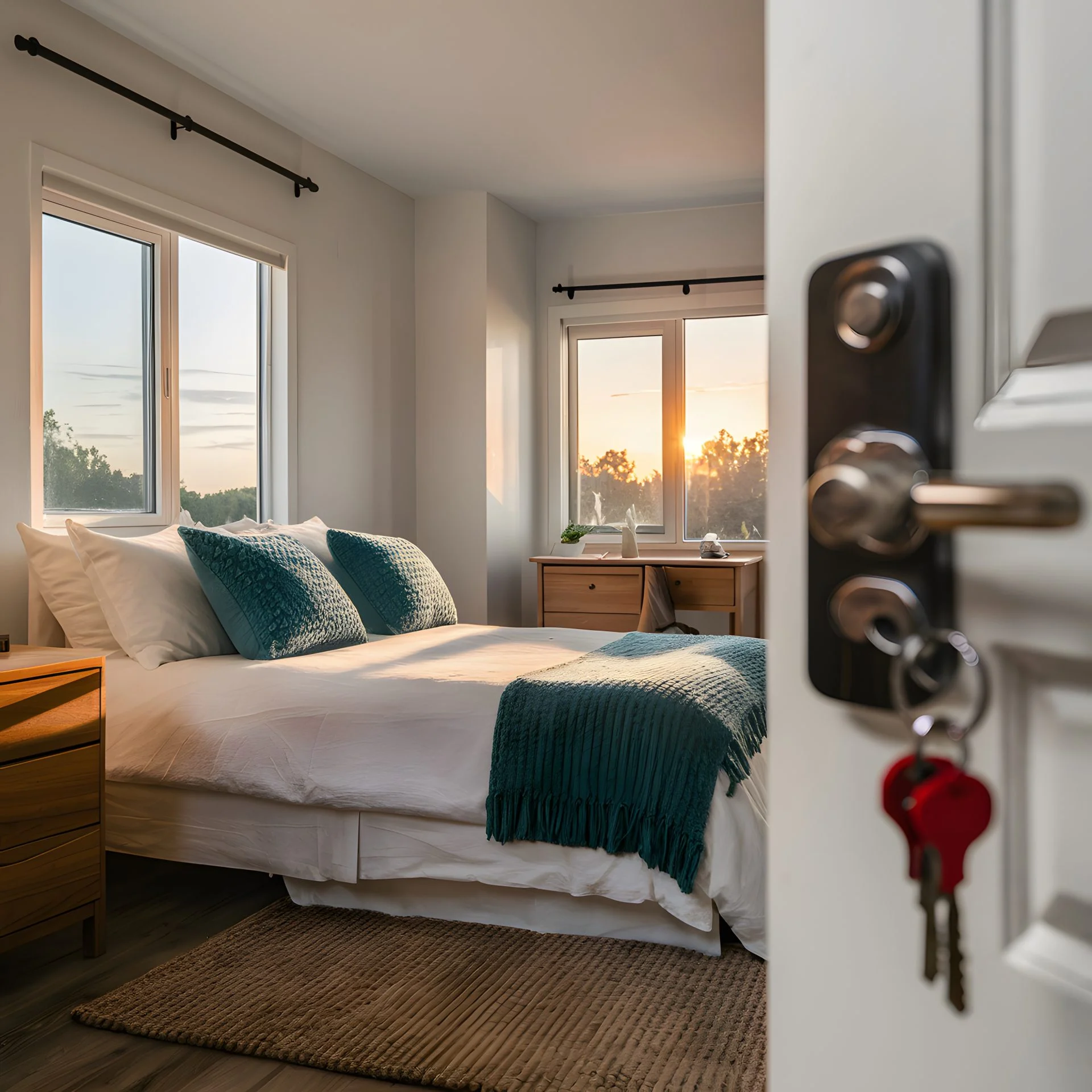 Cozy bedroom with white linens teal pillows sunset light